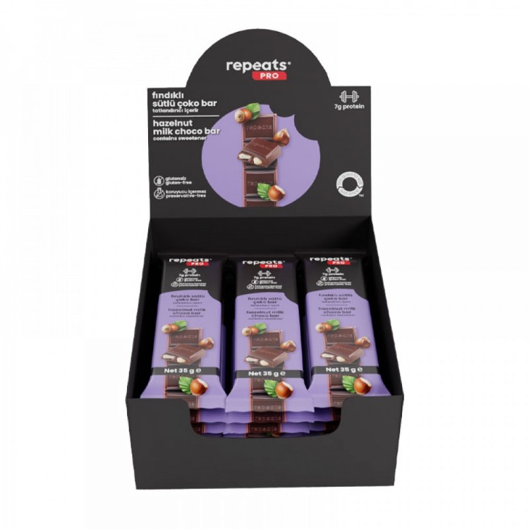 REPEATS PRO FINDIKLI SÜTLÜ ÇOKO BAR 12 X 35 GR REPEATS PRO FINDIKLI SÜTLÜ ÇOKO BAR 12 X 35 GR