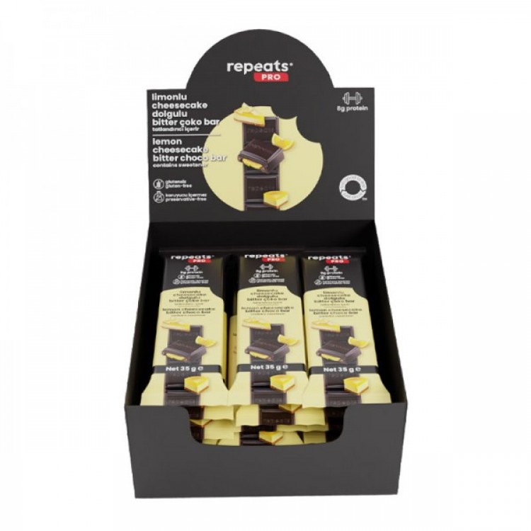 REPEATS PRO LIMONLU CHEESCAKE DOLGULU BİTTER ÇOKO BAR 12 X 35 GR
