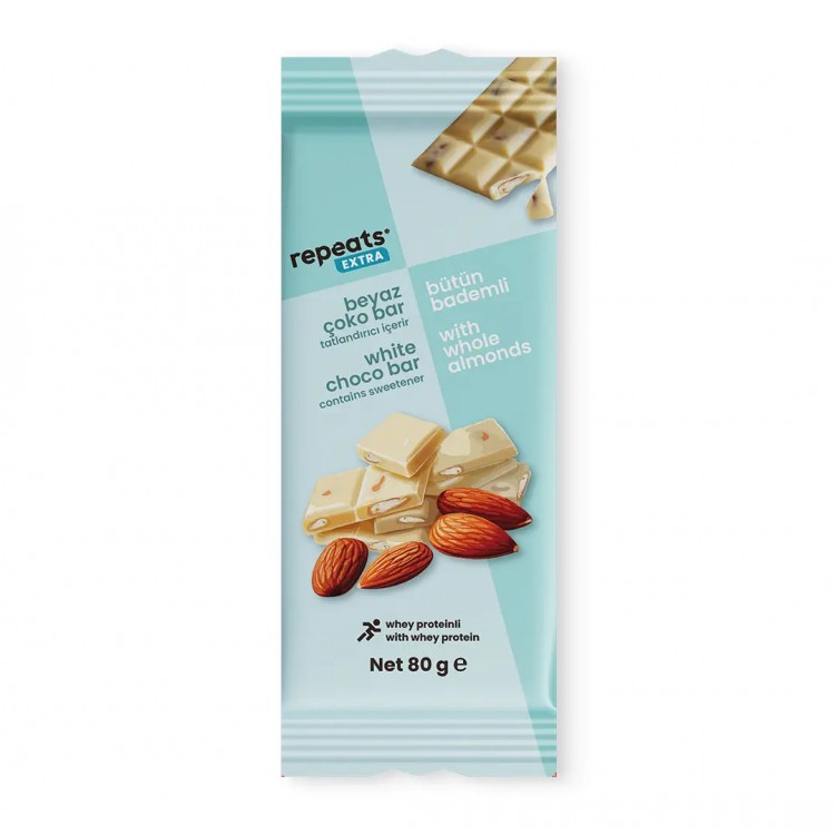 REPEATS EXTRA PROTEINLI BADEMLİ BEYAZ ÇOKO BAR 80GR REPEATS EXTRA PROTEINLI BADEMLİ BEYAZ ÇOKO BAR 80GR