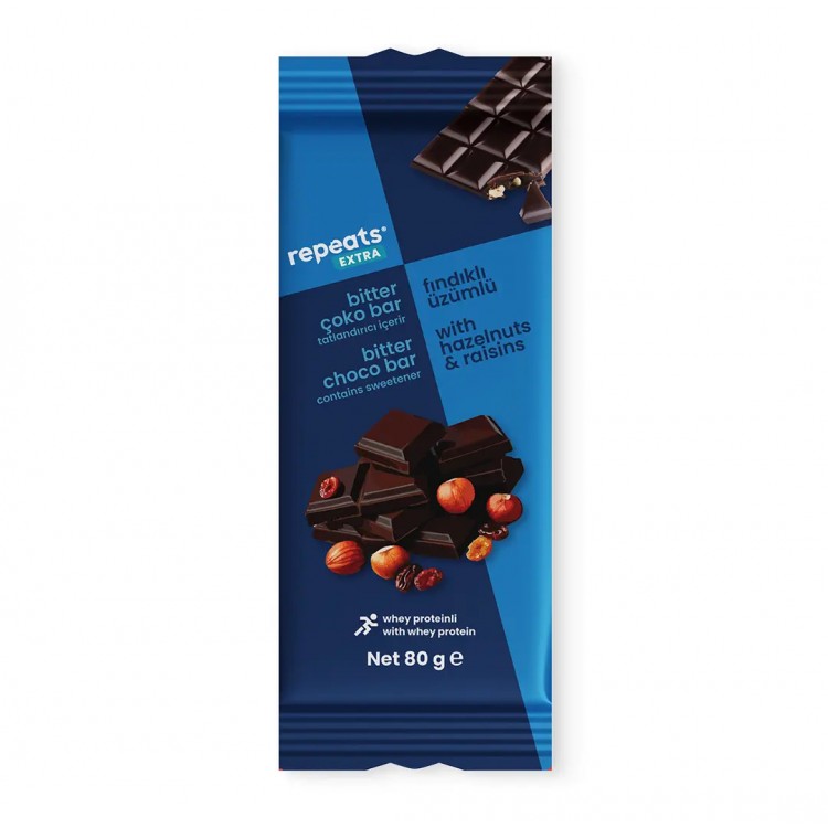 REPEATS EXTRA PROTEINLI ÜZÜMLÜ FINDIKLI BİTTER ÇOKO BAR 80 GR REPEATS EXTRA PROTEINLI ÜZÜMLÜ FINDIKLI BİTTER ÇOKO BAR 80 GR